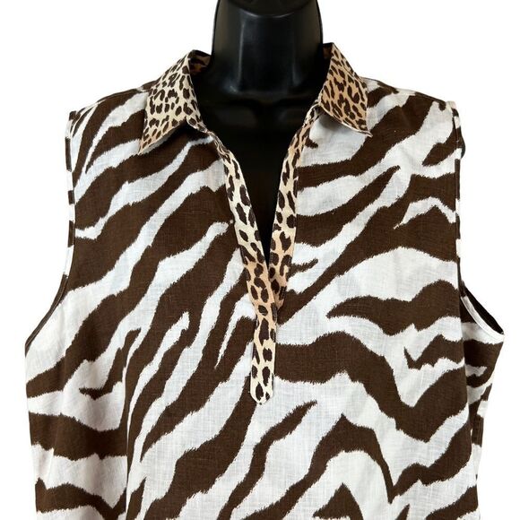 Chico’s sleeveless linen zebra print tunic in brown and white, size 3 - Picture 2 of 7